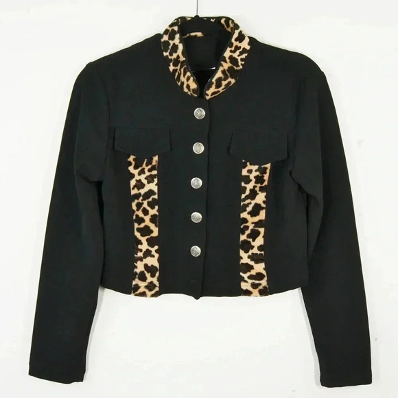 Vintage 90s Faux Fur Leopard Print Black Crop Button Up Blazer Jacket - Picture 1 of 4